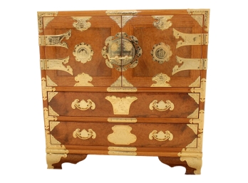Burl Wood Japanese Tansu Jewelry Chest With Ornate Brass Hardware
