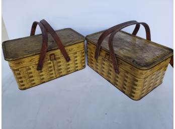 Pair Of Tin Litho Baskets With Wood Handles