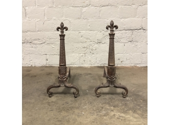 Pair Of Late 19th Or Early 20th Century Cast Iron Fleur De Lis Andirons