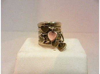 Retro Sterling Silver 925 Stack Ring W/Dangle Hearts & Key - Size 6.75