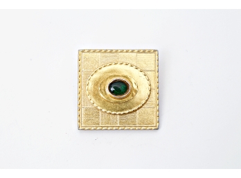 Square Brushed Metal Brooch With Center Green Stone,