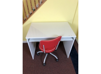 Set Of (2) White Computer Tables And (2) Red Rolly Chairs
