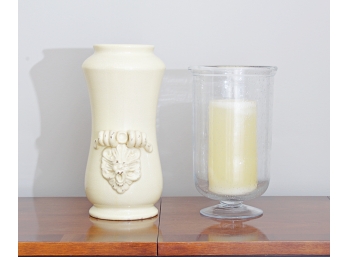 Tall Italian  Yellow Craquelure Vase Along With A Glass Candle Holder