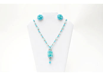 Vintage Blue Beaded Pendant Necklace & Matching Earrings, Stamped West Germany