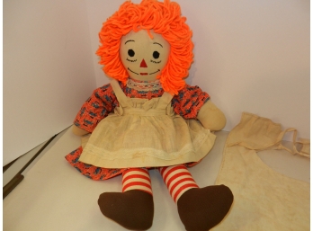 Vintage RAGGEDY ANN 18' Cloth Doll W/ Bright Orange Hair, Dress & Smock