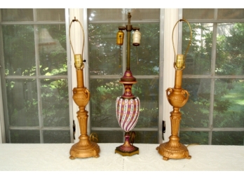 Antique French Porcelain Lamp Along With A Pair Gilt Metal Lamps