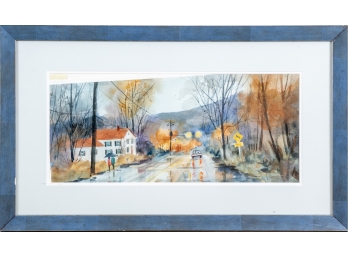 Signed Watercolor With Rural Town Street  In The Rain
