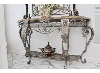 Marble And Forged Metal Demilune Console Table