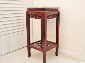 Carved Lacquered Wood Accent Table With Marble Top