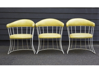 Mid Century Modern Set Of Three Round Wrought Iron Armchairs In Pale  Yellow Naugahyde