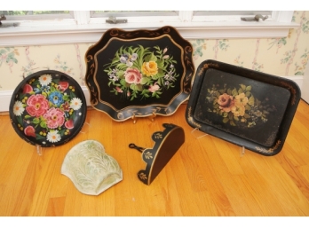 Group Of Tole Painted Trays And A Wall Shelf