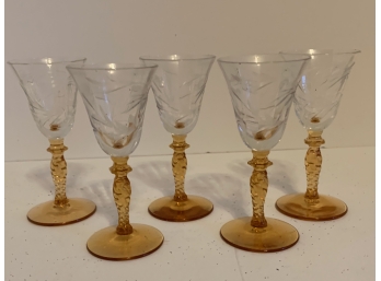 Antique Etched & Amber Cordial Glasses