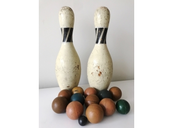 Vintage Bowling Pins And Assorted Small Balls