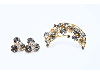 En Tremblat Floral Brooch & Pair Matching Clip Earrings Stamped Carnegie