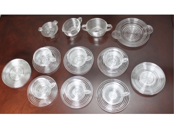 Anchor Hocking Manhattan Glass Coffee Cups, Saucers, Sugar, Creamer, Cookie Plate And Ash Tray