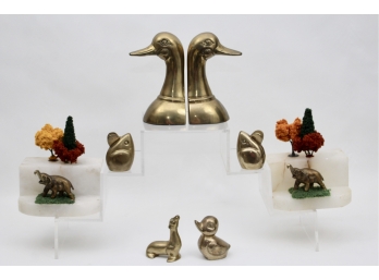 Marble Elephant Bonsai Book Ends And Brass Animals