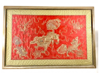 19th C. Chinese Silk And Metal Thread Embroidery Of Foo Dog
