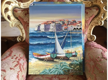 Oil On Canvas Unframed Signed Vecerin: Sailboats On Beach