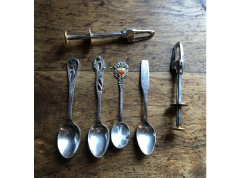 Four Souvenir Spoons (one Is 800 Silver) And Two Olive Tongs