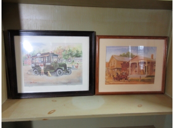 Two Prints With Antique Vehicles