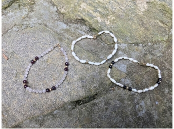 Three Seed Pearl & Stone Bracelets With 14K Gold Clasps