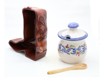 Ceramic Boot Shaped Salsa Dish And Pottery Jug With Wood Serving Spoon