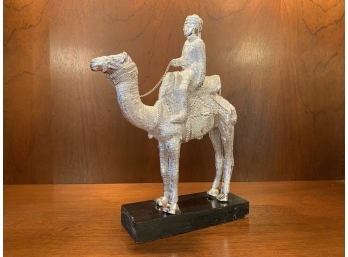 White Metal Middle Eastern Camel Sculpture On Wood Base
