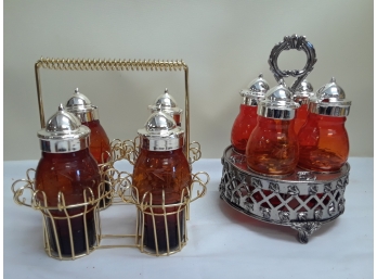 Two Sets Of Cruet Caddy Sets  Etched Glass