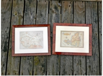 Pair Small Burlwood Framed Maps