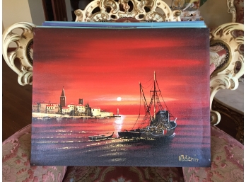 Oil On Canvas Unframed Signed Vecerin: Red Sky And Fishing Boat