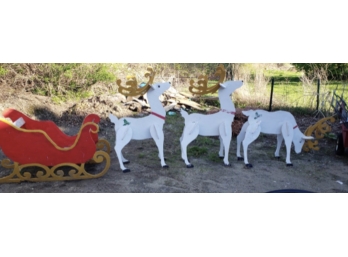 Spectacular Handmade And Painted Wooden Sleigh With 3 Reindeer!