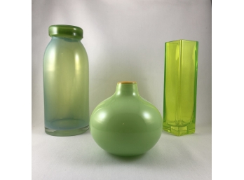 Vintage Set Of Green Glass Vases