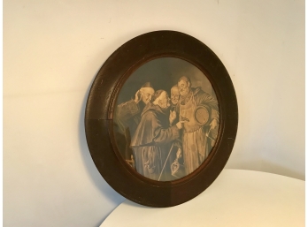 Beautiful Antique Friar Monk Picture ~ Round Wood Frame ~