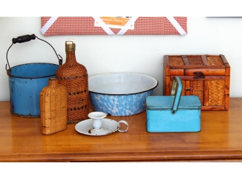 Vintage Enamel Ware, Tin & Woven Baskets & Flasks - 8 Pieces