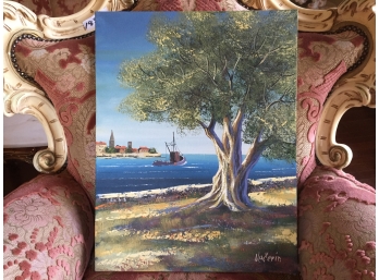 Oil On Canvas Unframed Signed Vecerin: Tree With Fishing Boat Passing