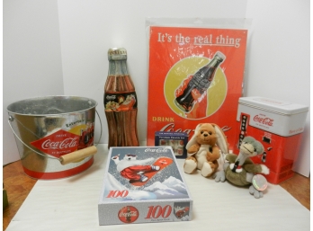 Lot Of Eight Asst COCA COLA Collectibles (Tins, Thimbles, Puzzles, Boxes, Stuffed Animals)