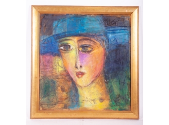 Contemporary Portrait Of A Woman In A Blue Hat Signed JAVA