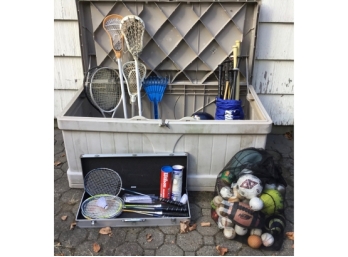Outdoor Patio Storage Container Filled With Sporting Equipment