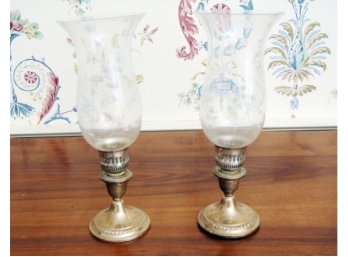 Pair Weighted Silver Candlesticks And Hurricane Tops