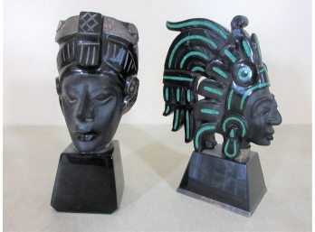 Two Aztec Style Black Glass With Inlay Modern Busts