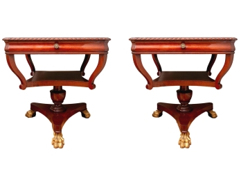 Unique Pair Of End Tables With Brass Inlay And Gilded Lions Paw Feet
