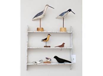 Distressed Three Tier Wall Shelf With A Carved Wood And Metal Bird Collection