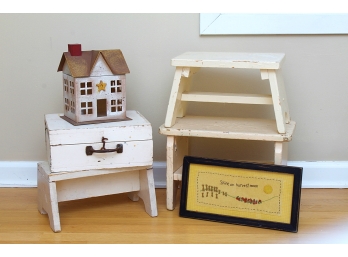 Stools, Painted Lidded Box And Cute House Decoration