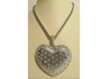 Huge Crystal Heart Silver Tone Necklace