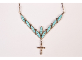 Sterling Silver & Turquoise Necklace With Crucifix