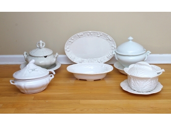 Group Of White Ironstone And Porcelain Tureens And Serving Dishes - 9 Pieces