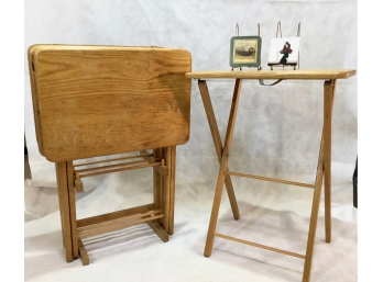 Set Of Four Wood TV Tray Tables With Stand & Two Sets Of Coasters