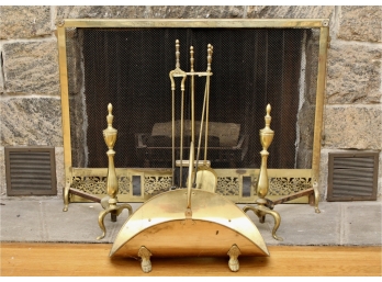 Brass Fireplace Screen, Brass Lion Paw Footed Log Holder, Tools And Andirons