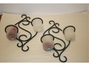 Pair PARTYLITE P1021 Green Metal Wall Sconces W/Frosted Glass Votive Cups