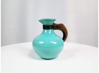Vintage California Mid Century Turquoise Pitcher With Wood Handle